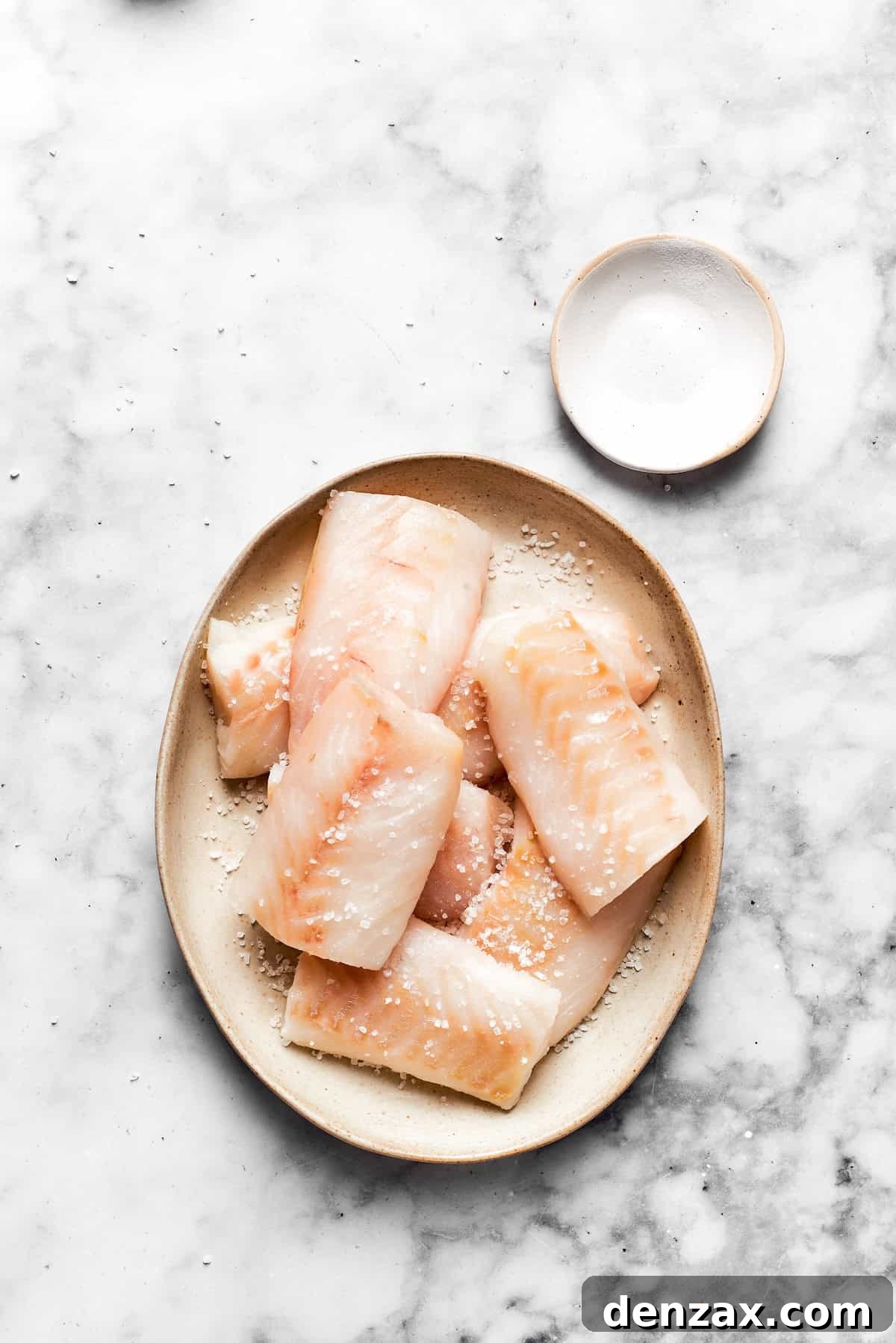 Pieces of firm white fish fillets, lightly seasoned with salt and ready for the next step in preparation.