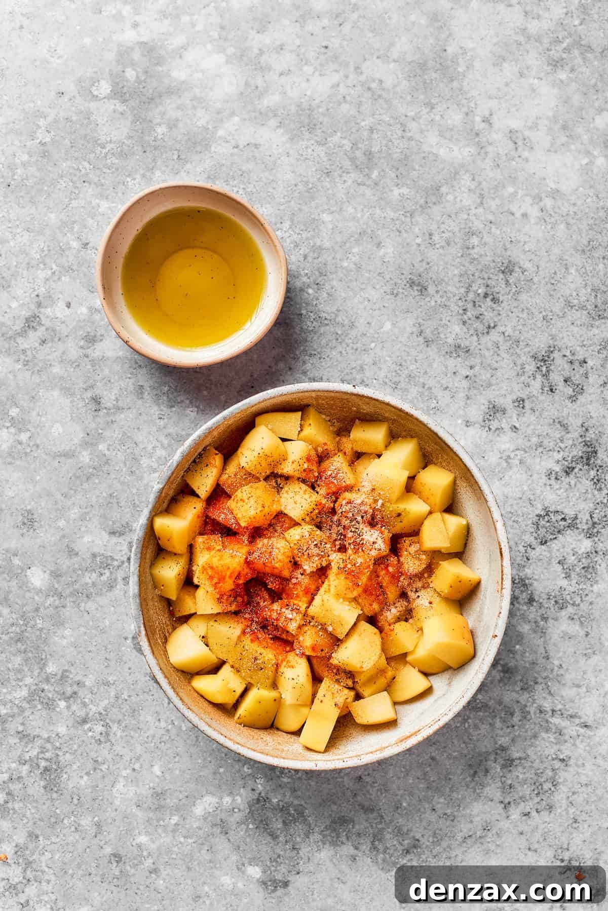 Cubes of Yukon gold potatoes being tossed with smoked paprika, garlic powder, salt, and pepper in a mixing bowl.