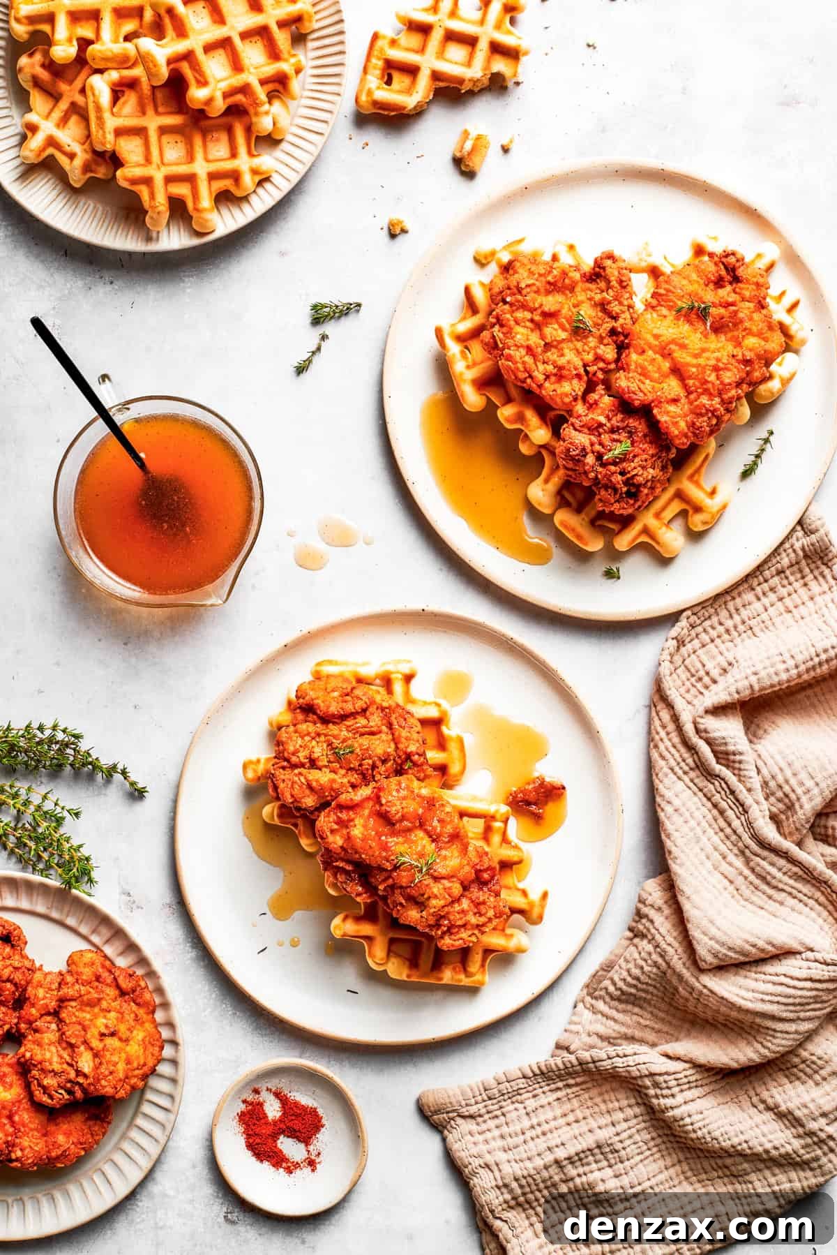 Crispy fried chicken and fluffy waffles, drenched in hot honey butter, ready to be served on dinner plates.