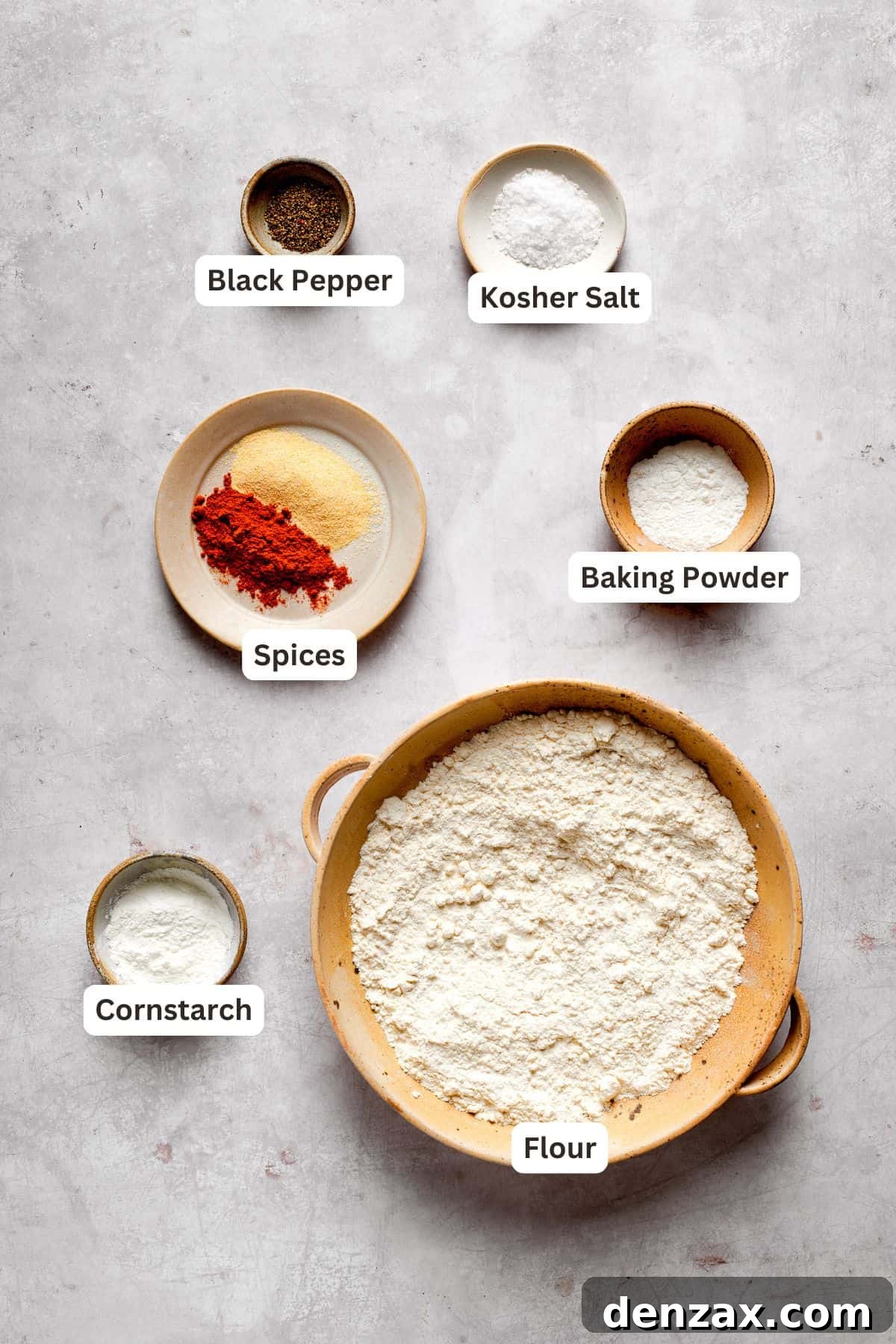Labeled ingredients for the crispy dredging mix for fried chicken.
