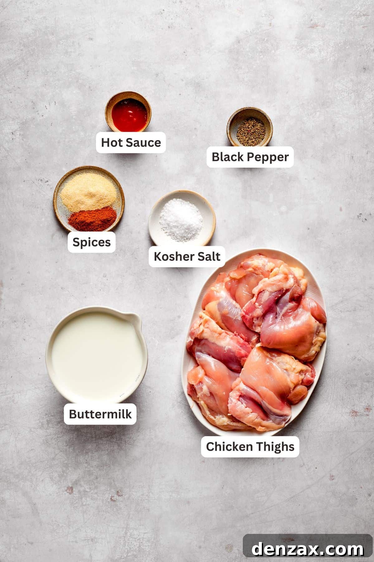 Labeled ingredients for the fried chicken marinade.