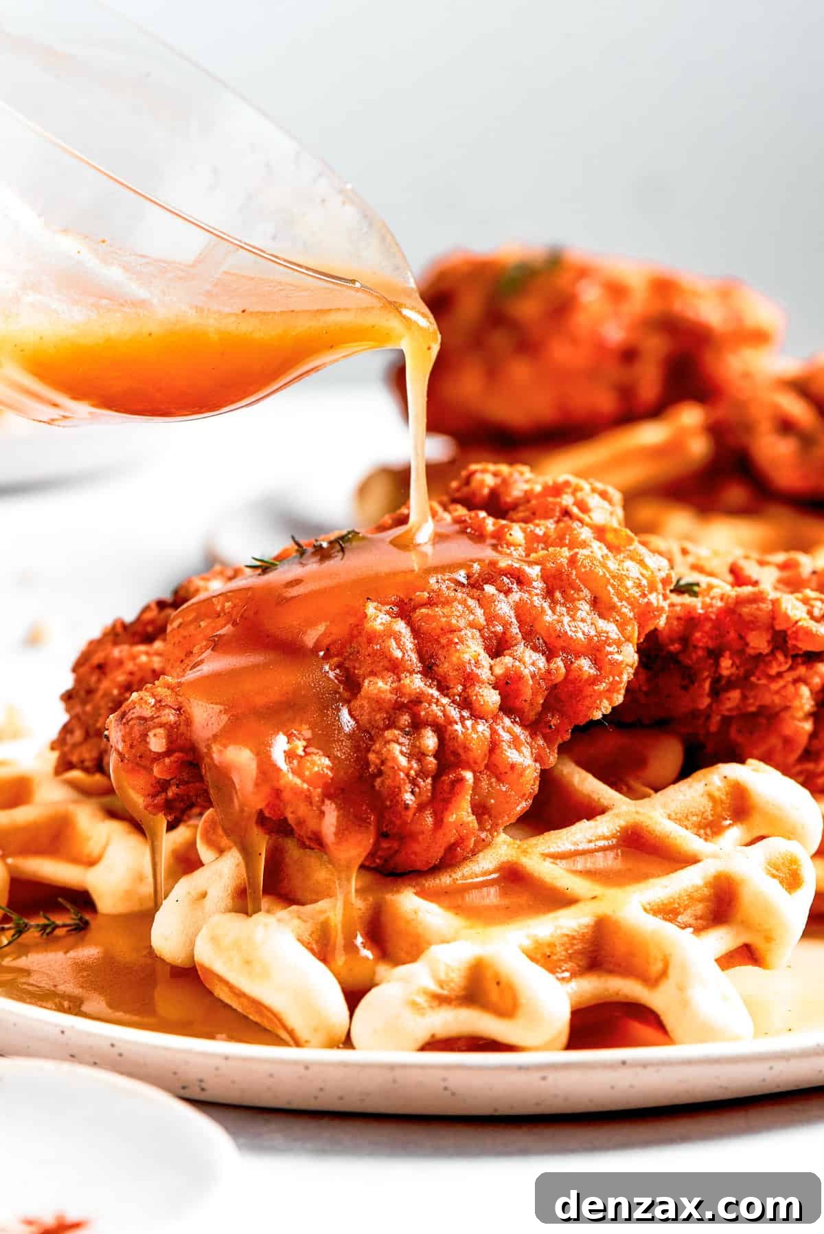 Close-up of hot honey butter sauce being generously poured over crispy fried chicken and golden waffles.