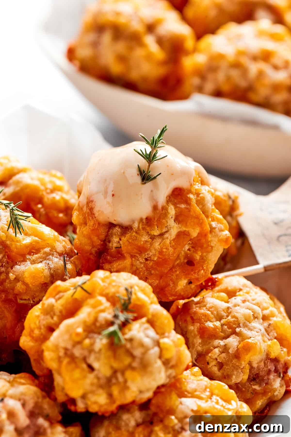 A perfectly baked sausage ball is dipped into a rich, creamy sauce, highlighting its delicious texture.