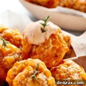 A delicious sausage ball being dipped into a creamy white sauce.