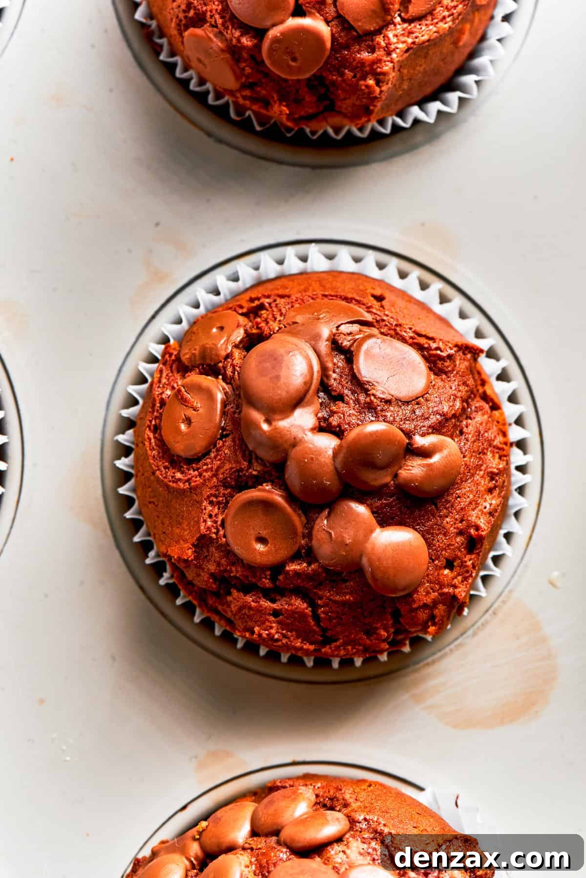 Overhead image of the top of a chocolate muffin topped with chocolate chips.