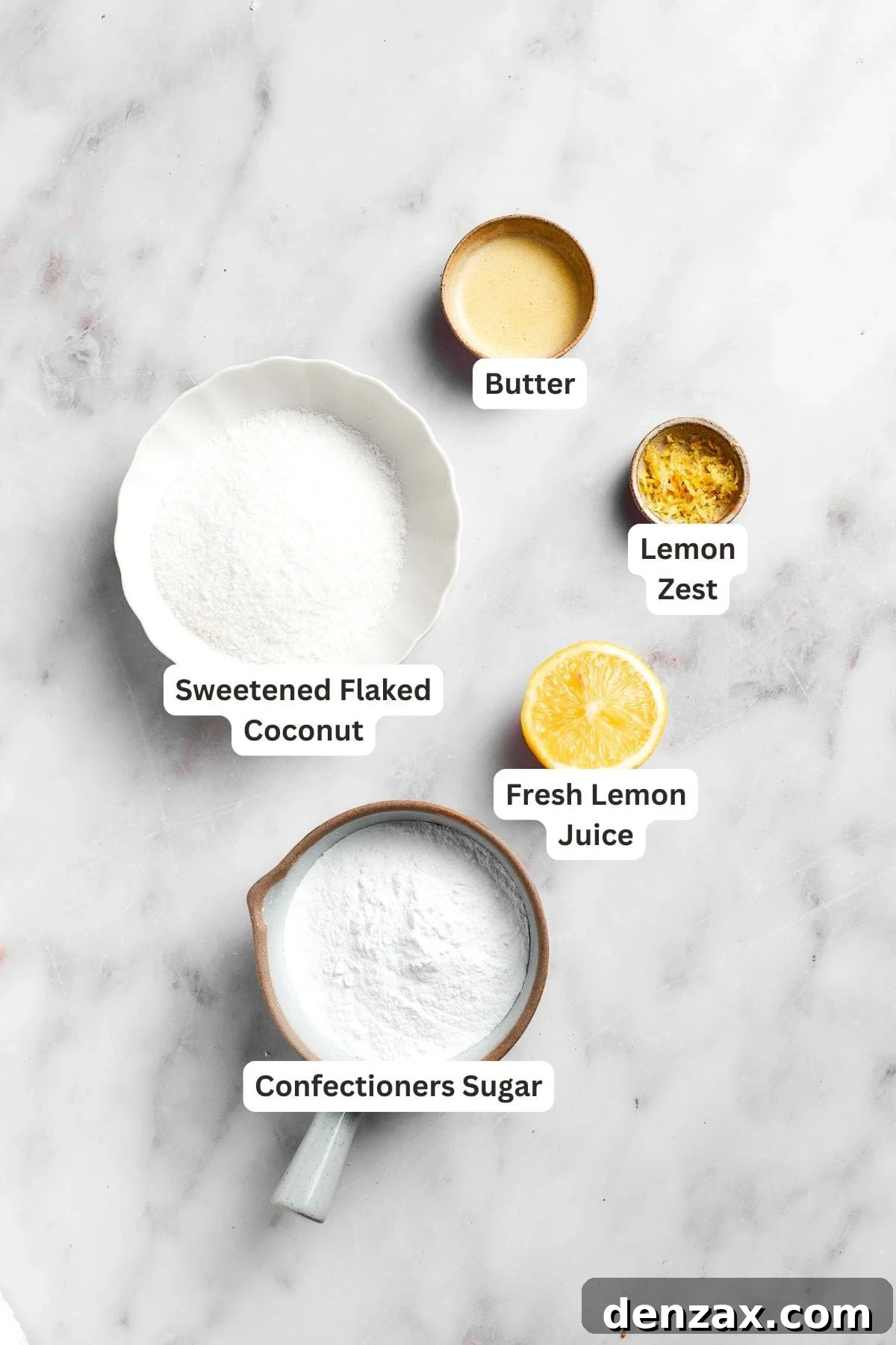 Close-up shot of the essential ingredients for making lemon slice, including fresh lemons, a bowl of sweetened condensed milk, a block of butter, a container of powdered sugar, and a bag of flaked coconut, highlighting their quality and freshness.