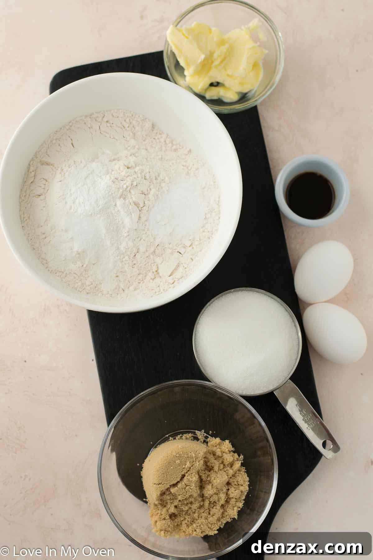 Ingredients for chocolate snickerdoodles laid out on a baking surface