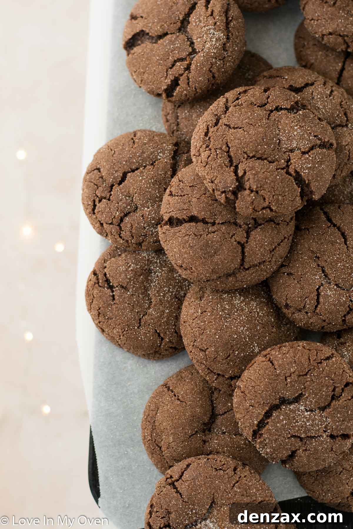 Stacked chocolate snickerdoodles ready for serving or storage