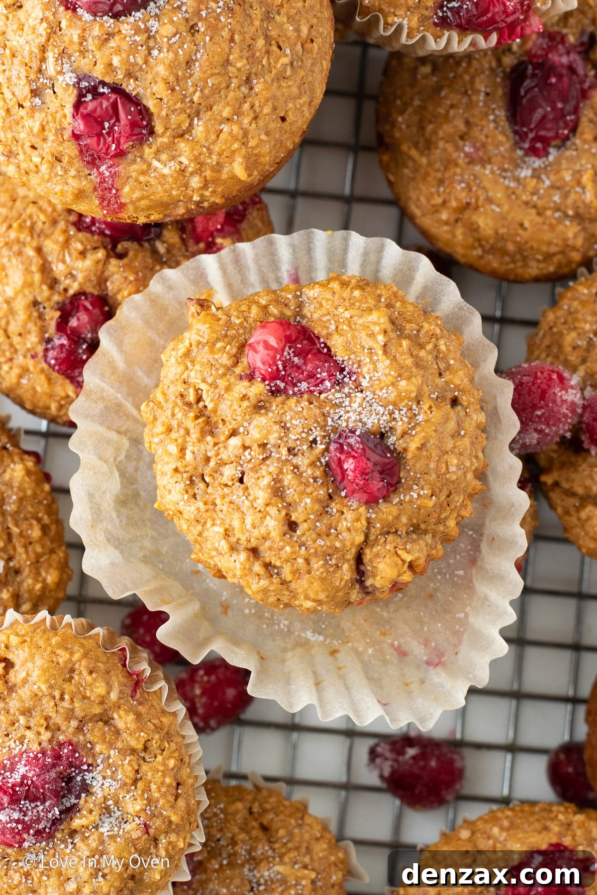 Close-up of the muffin batter with vibrant red cranberries, ready to be scooped into the muffin tin.