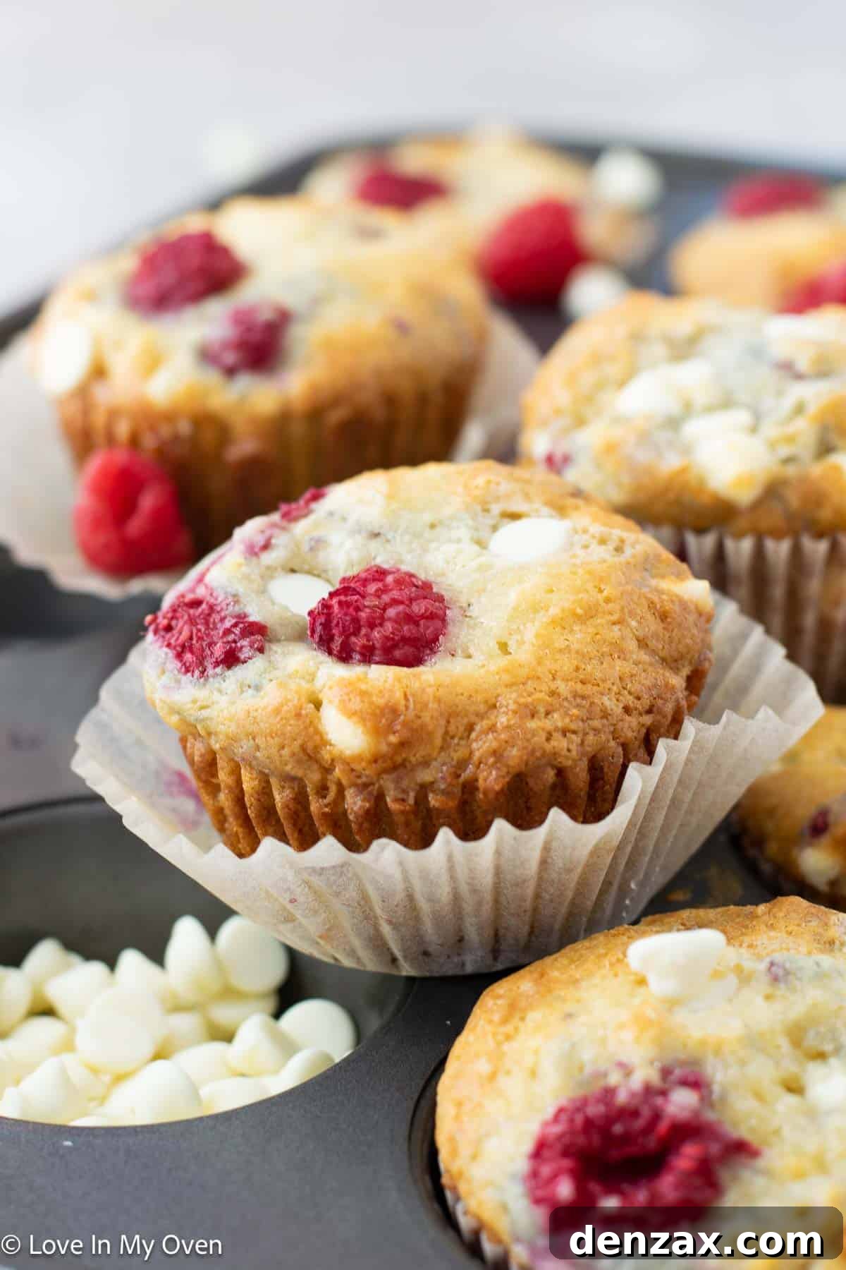 Sweet Raspberry White Chocolate Delights 7 Two raspberry white chocolate muffins on a white plate with a fork.