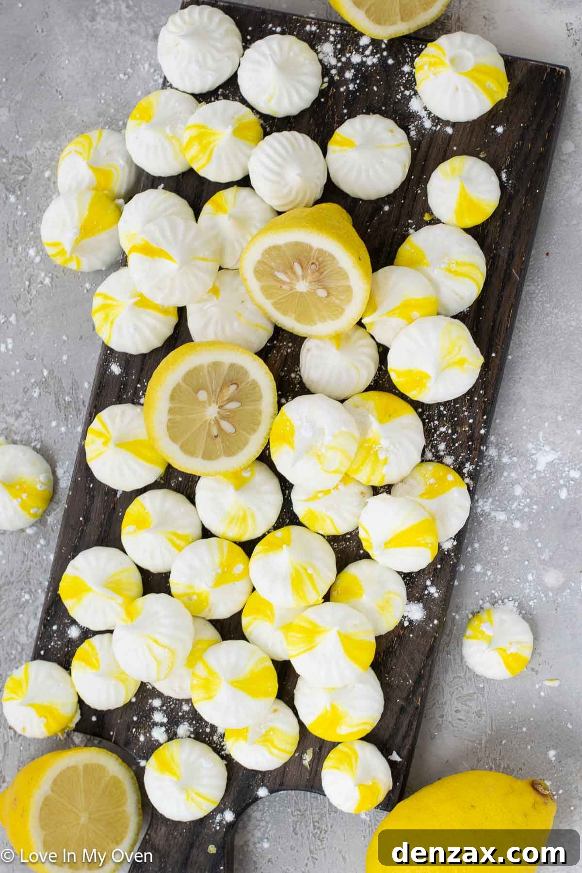 Delightful lemon meringue cookies, light and airy with a crisp texture and a beautiful swirl, ready to be enjoyed.