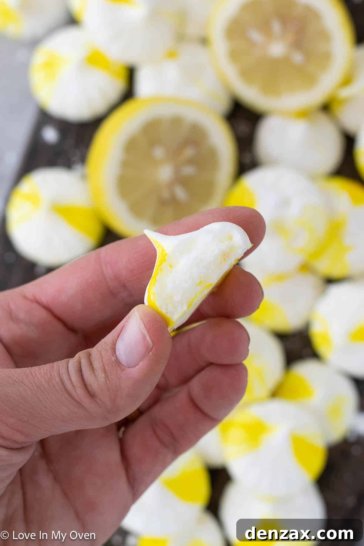 Another close-up shot of several lemon meringue cookies, showcasing their uniform size and appealing texture.