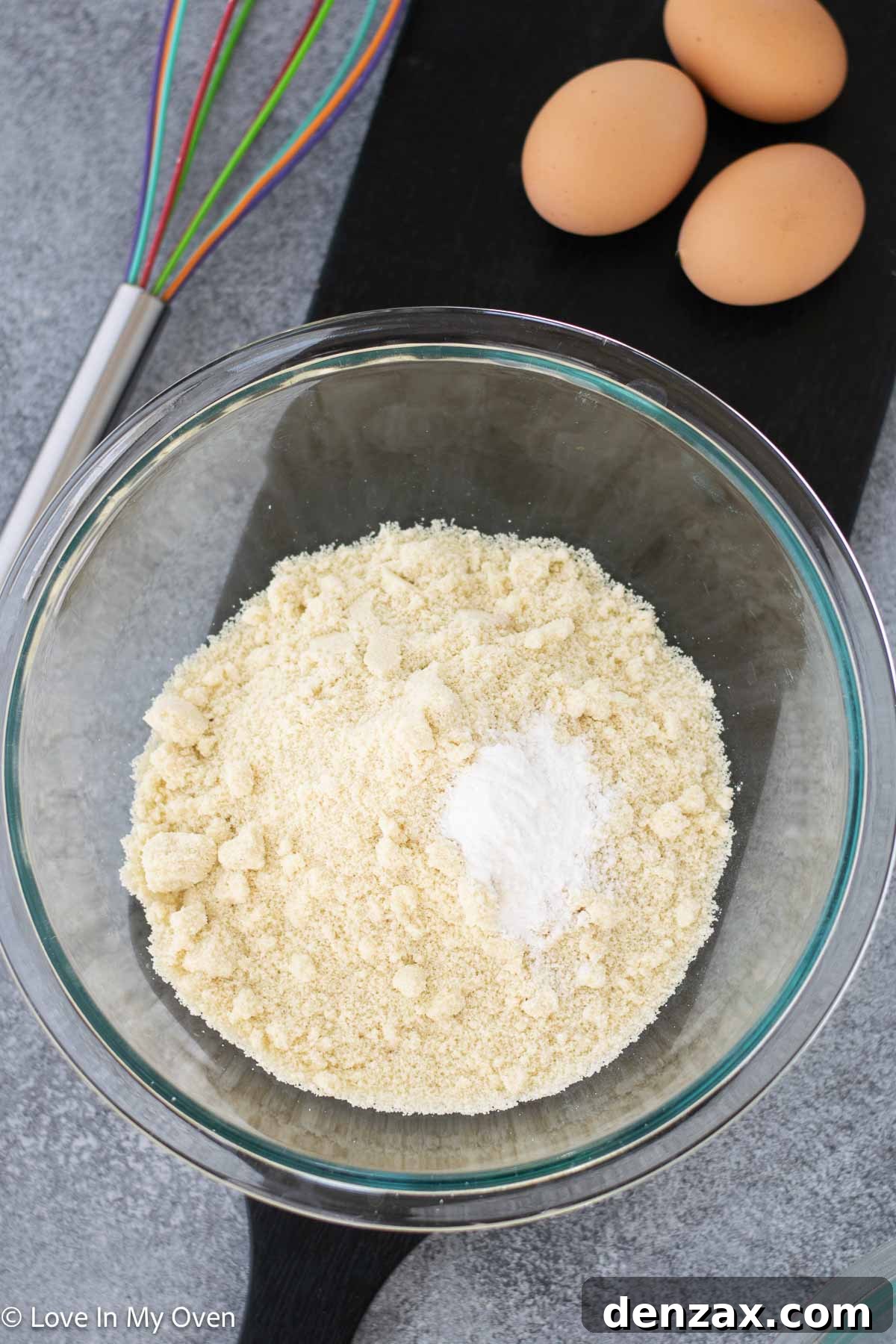 Close-up of the three essential ingredients for almond flour bread