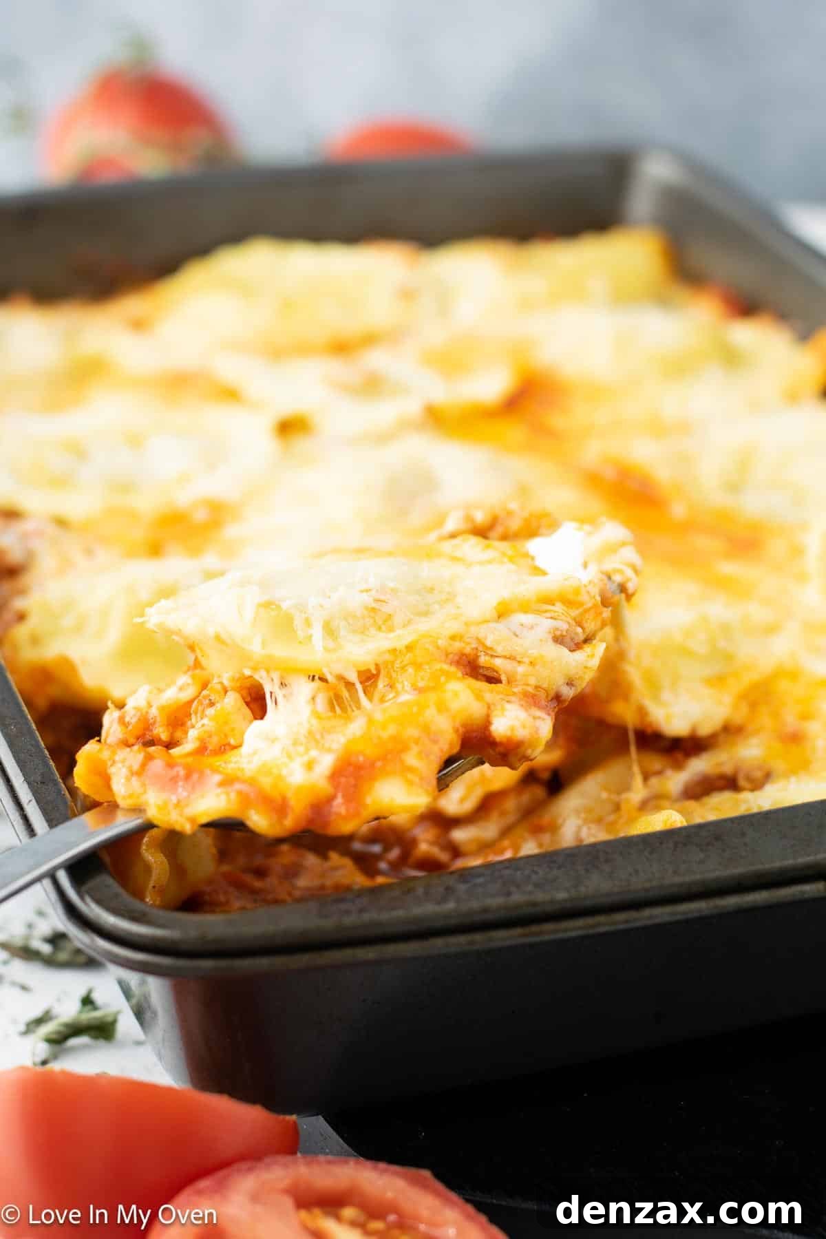 Close-up of baked sausage ravioli casserole