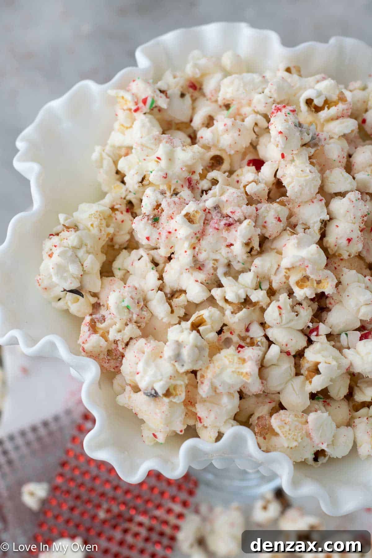 Close-up of delicious peppermint white chocolate popcorn.