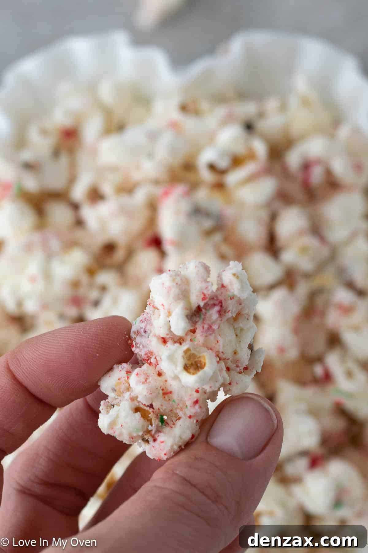 Peppermint White Chocolate Popcorn in a clear serving bowl.