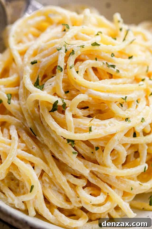 This quick Cream Cheese Spaghetti offers a comforting, cheesy, and creamy pasta dinner that's downright delicious! close up shot of creamy spaghetti