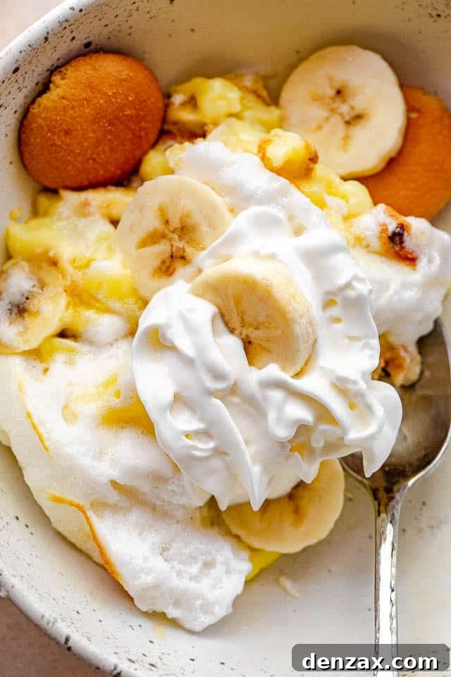 Close-up of a bowl of homemade banana pudding with a spoon, showing the layers and creamy texture.