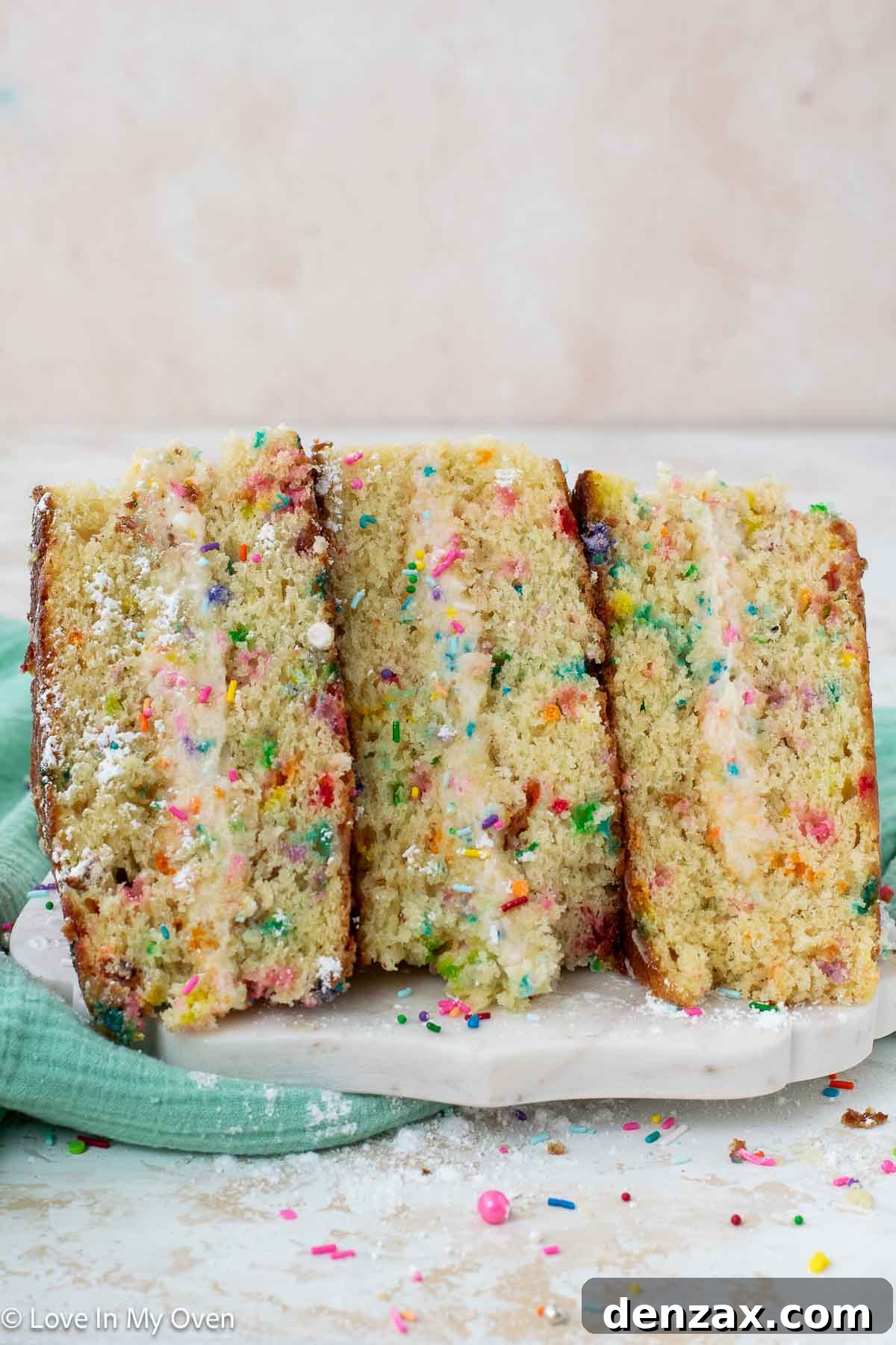 Delicious and colorful birthday cake sandwiches on a white plate