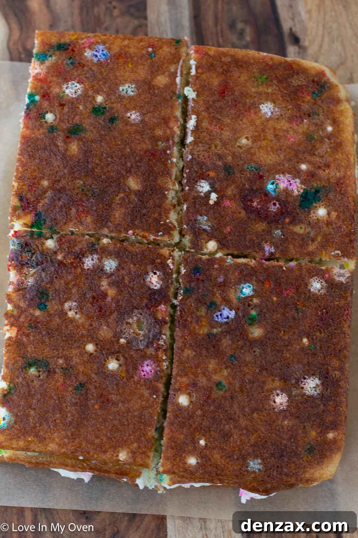 Stacked cake layers being cut into sandwiches