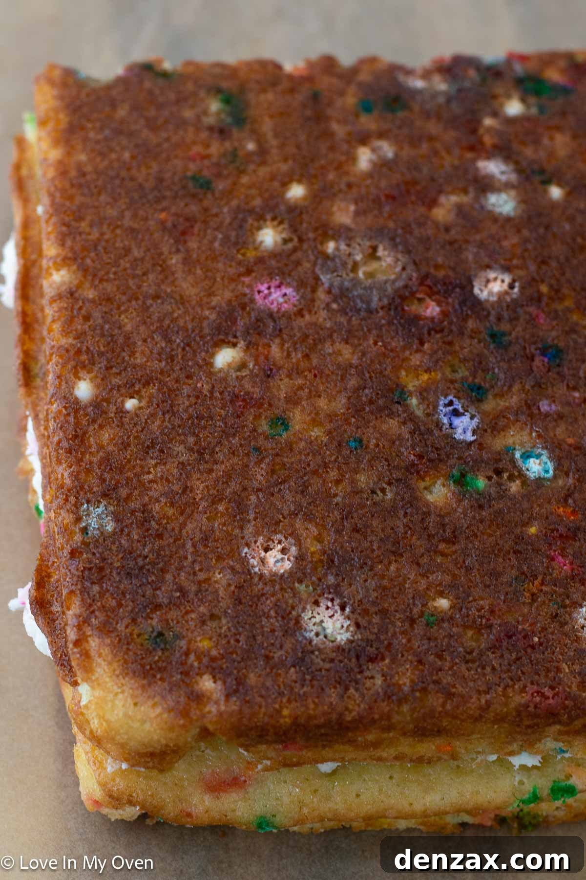 Frosted cake being flipped onto another cake layer