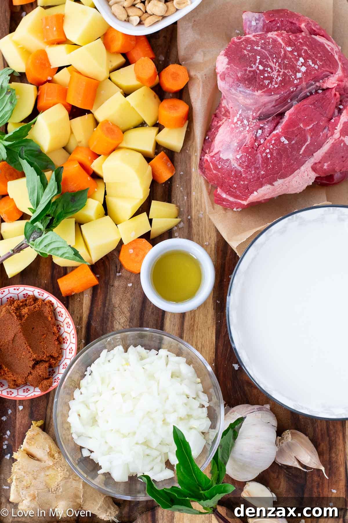 close up of ingredients for beef massaman curry