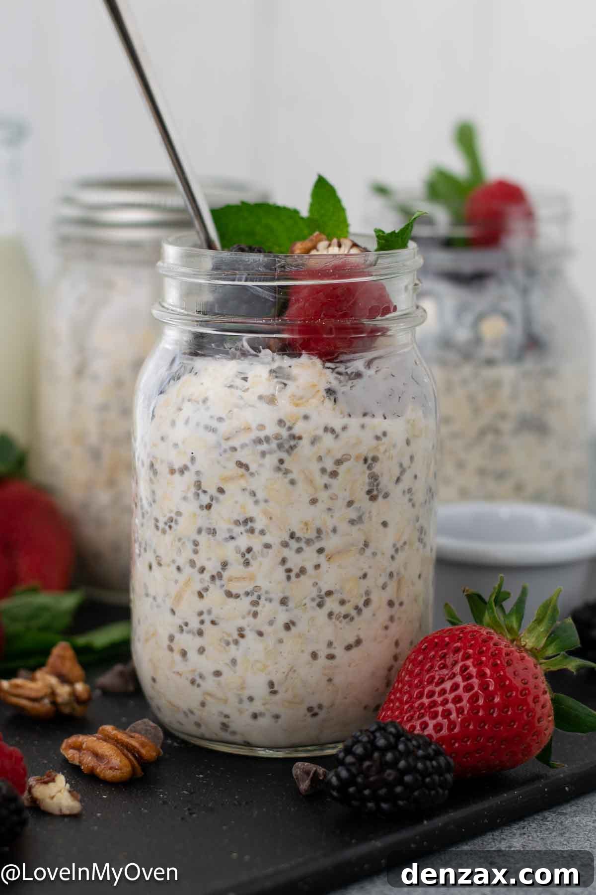 kefir overnight oats with a spoon, showing creamy texture.
