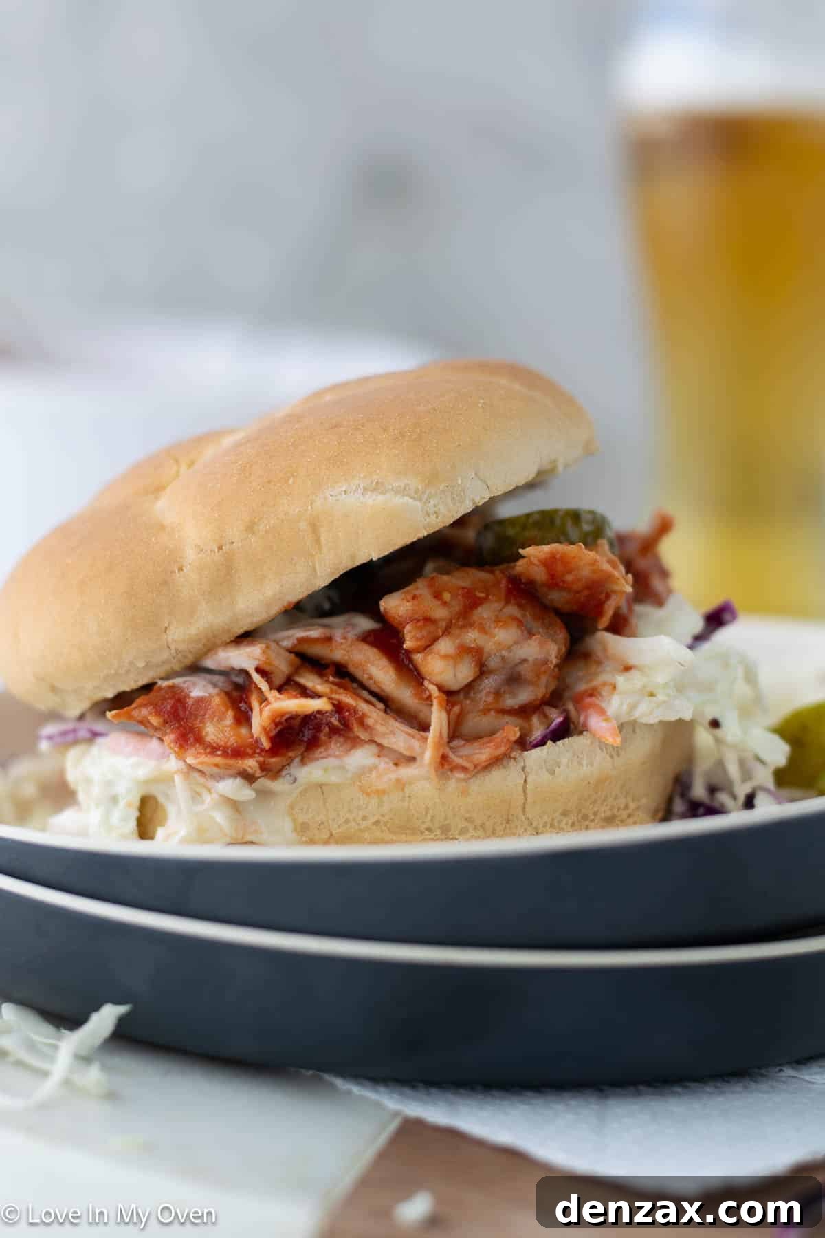 Close-up of a Prepared Pulled Chicken Sandwich