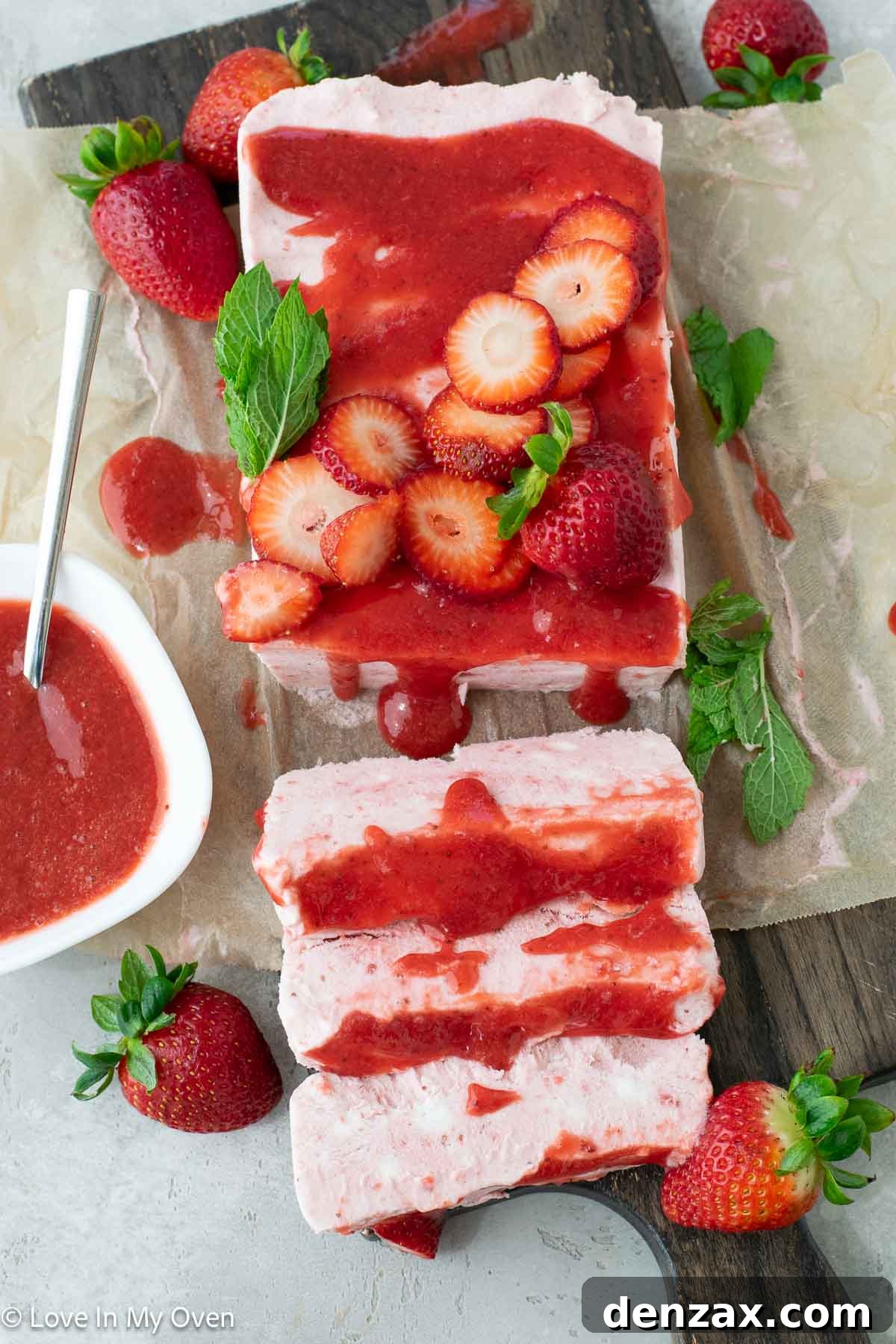 Close-up of creamy Strawberry Semifreddo with vibrant strawberry swirls