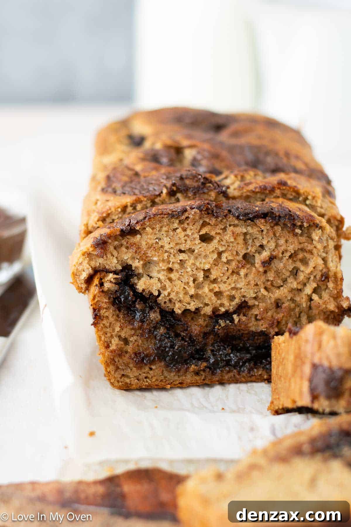 Freshly baked Nutella Banana Bread in a loaf pan