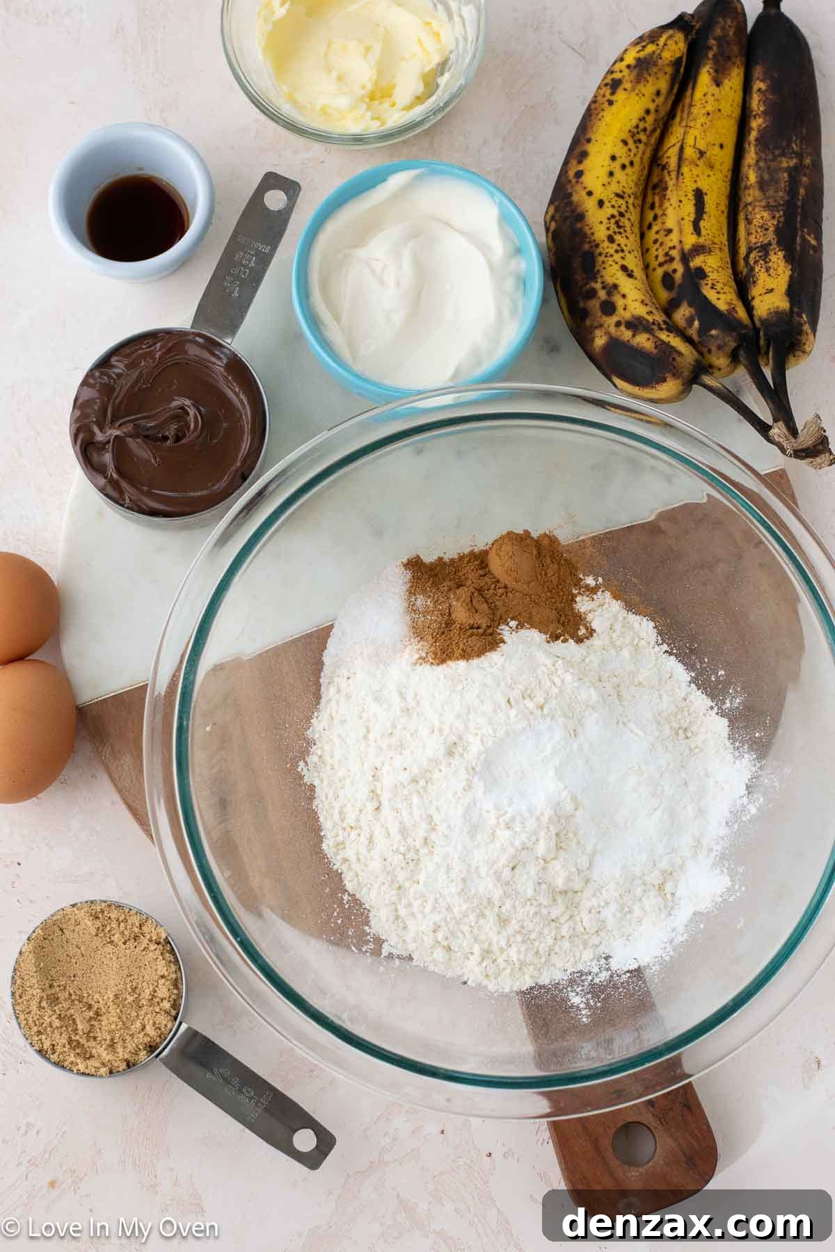 Ingredients laid out for making Nutella Banana Bread