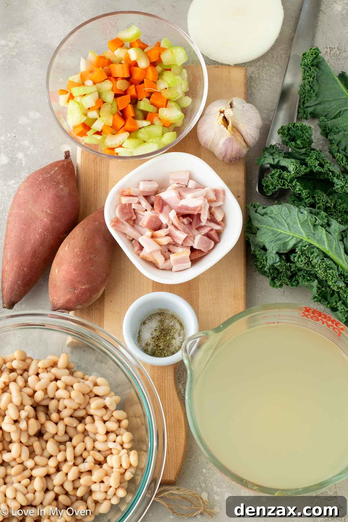 Ingredients laid out for Sweet Potato and White Bean Soup recipe