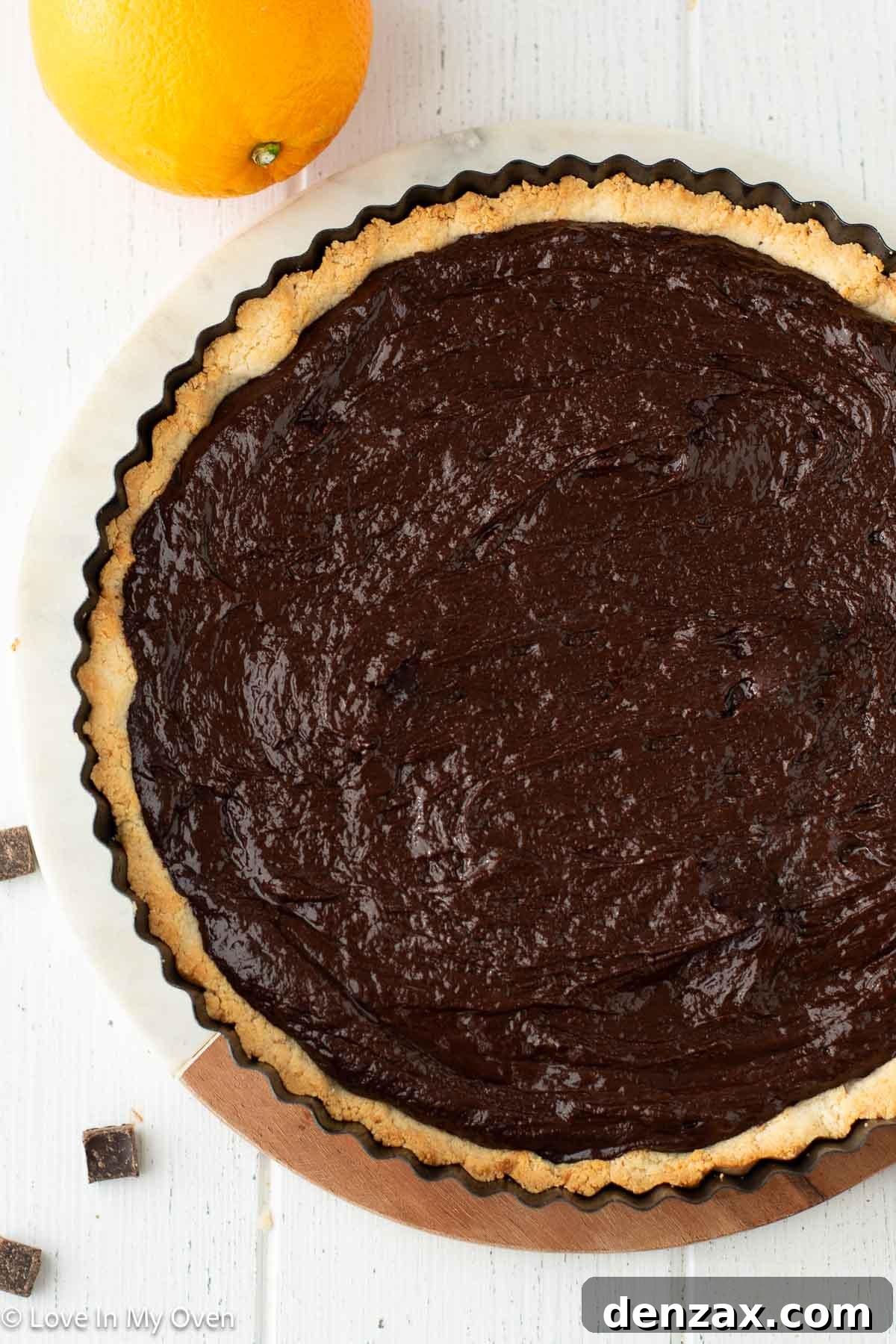 Chocolate orange tart chilling in the fridge