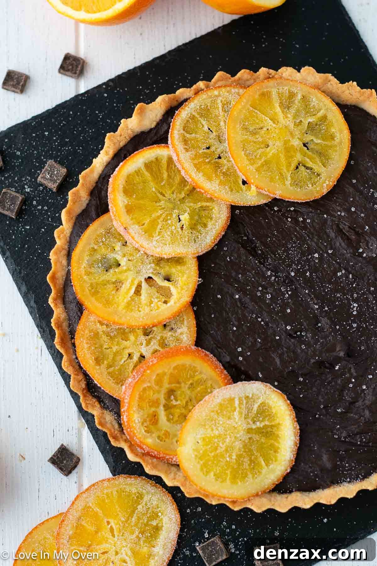 Chocolate orange tart with candied orange slices