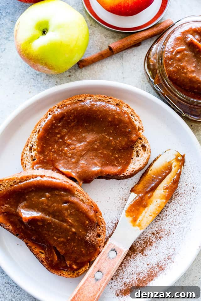 Overhead shot of Instant Pot Apple Butter spread on sliced bread