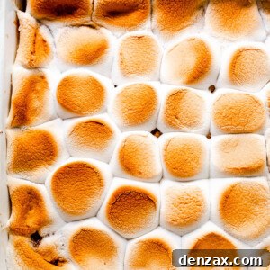 overhead shot of an apple crumble topped with toasted marshmallows