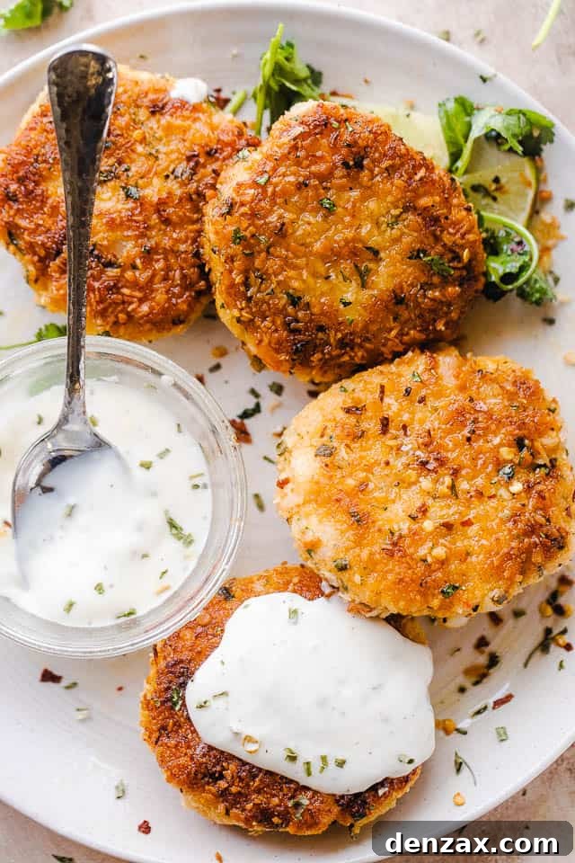 Plated crispy coconut shrimp cakes served on a white platter with a side of dipping sauce and fresh lime wedges.