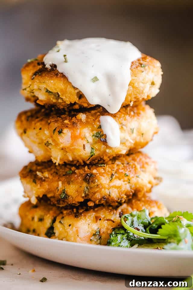 Two stacks of golden-brown coconut shrimp cakes, garnished with fresh cilantro, ready to be served.