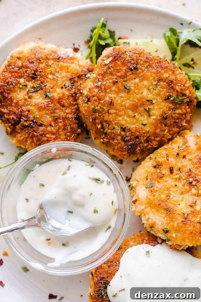 Overhead shot of a full plate of coconut shrimp cakes with dipping sauce and lime wedges, ready to serve.
