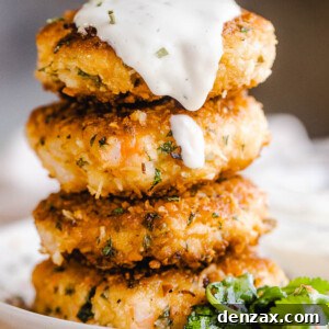 Stacked crispy coconut shrimp cakes, garnished with cilantro, ready for serving.
