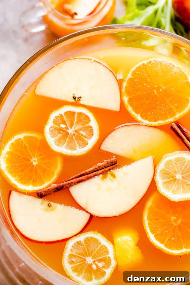 Overhead close-up shot of apple cider punch in a punch bowl with slices of fresh fruit floating on top