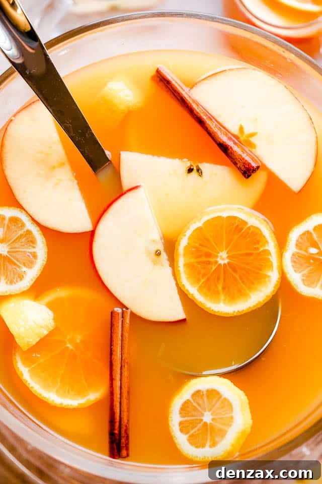 Overhead shot of apple cider punch in a punch bowl with a ladle and slices of fruit floating on top