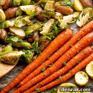 overhead shot of roasted vegetables on a baking sheet