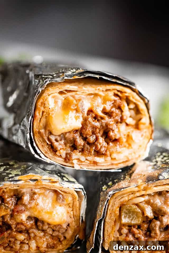 Close up of three cheesy beef and bean burritos cut in half, revealing the perfectly cooked filling.