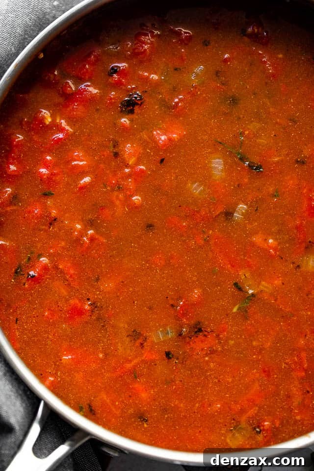 Tomato sauce cooking with spices in a stainless steel skillet.