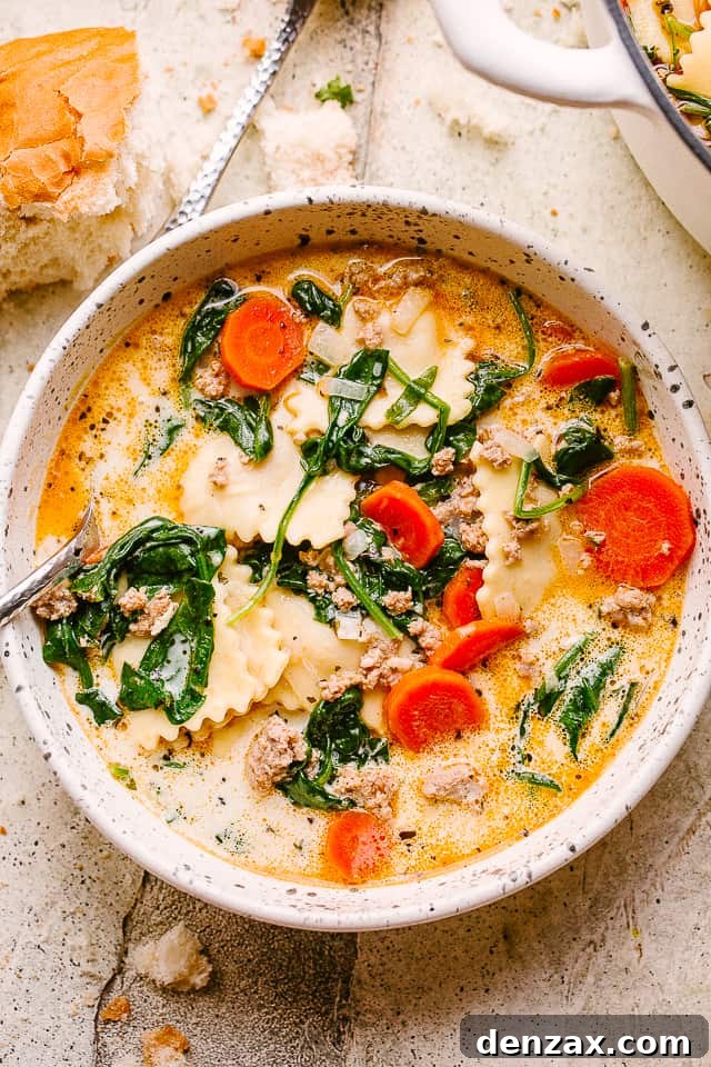 A close-up shot of a steaming bowl of creamy ravioli soup, garnished with fresh herbs and grated Parmesan cheese, ready to be enjoyed.