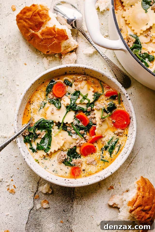 A charming still life shot featuring a bowl of creamy ravioli soup alongside torn crusty bread, hinting at a cozy and satisfying meal.