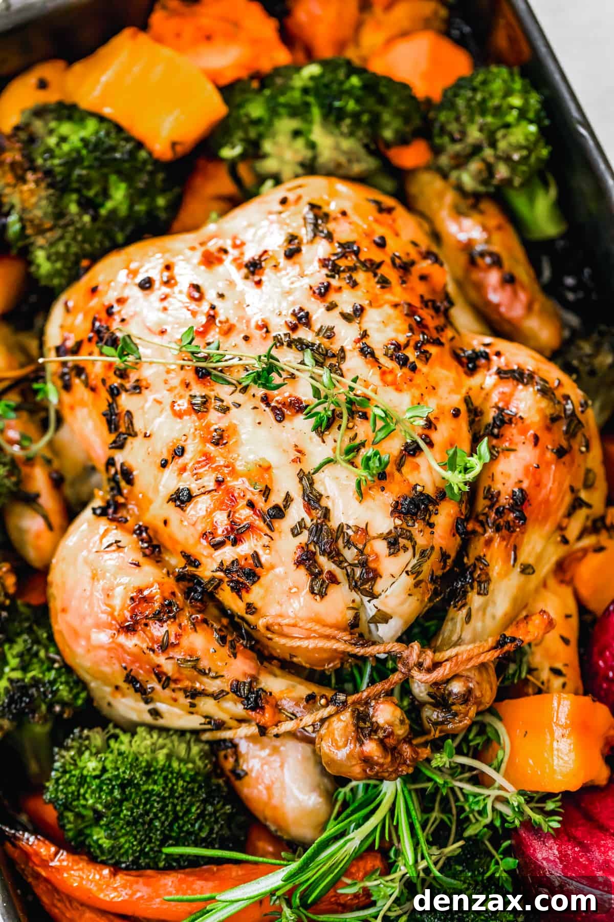 overhead close up shot of whole roast chicken.