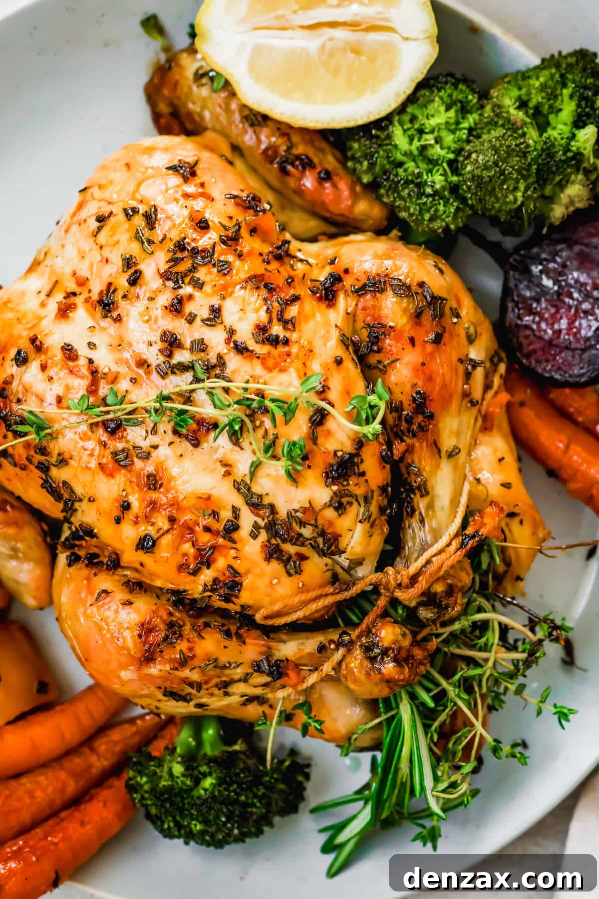 overhead close up shot of whole roast chicken served on a platter.