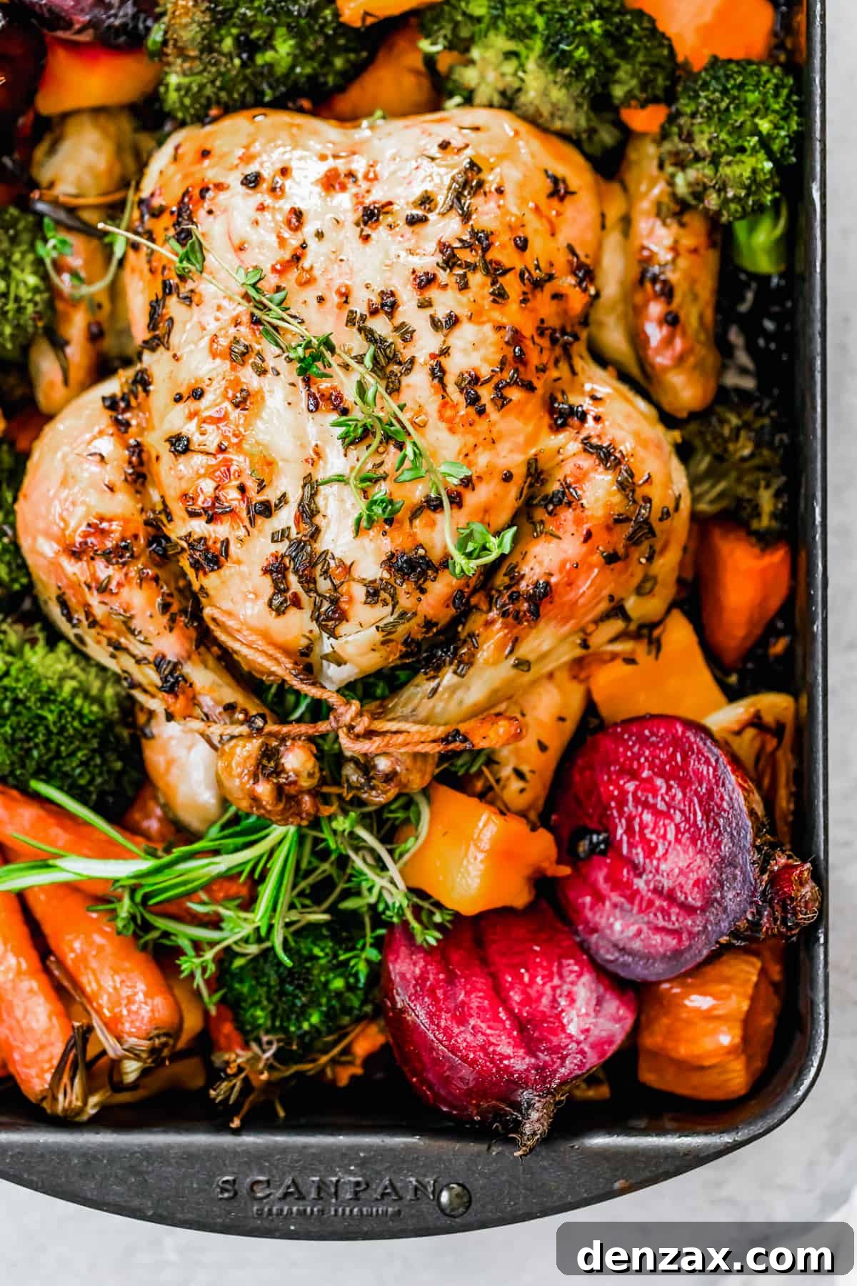Roasted whole chicken with fall vegetables on a sheet pan